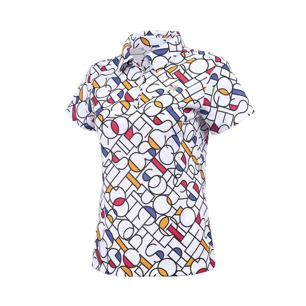Áo polo golf nữ Le Coq LG5SHS07LV trắng, thiết kế khối màu lấy cảm hứng Mondrian