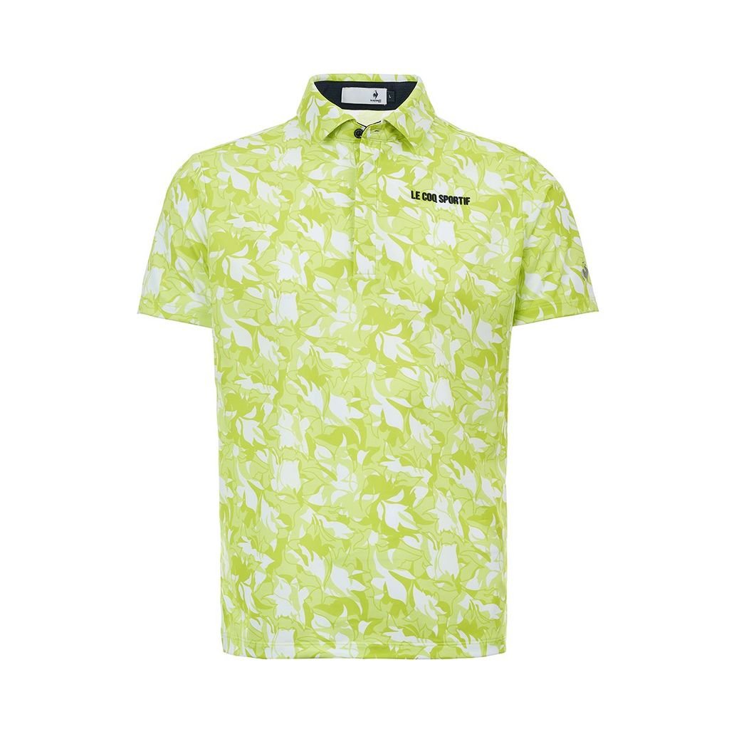 Áo polo golf nam Le Coq LG5SHSR5MV màu vàng, họa tiết lá nổi bật, phong cách mùa hè