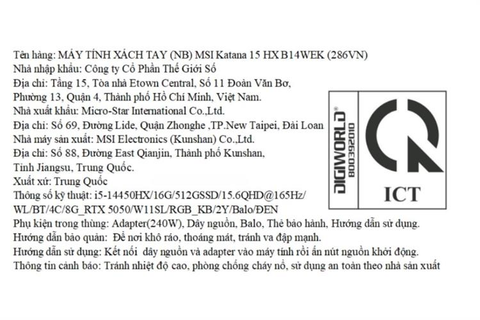  Laptop MSI Katana 15 HX B14WEK-286VN i5-14450HX| 16GB| 512GB| RTX5050 8GB| 15.6