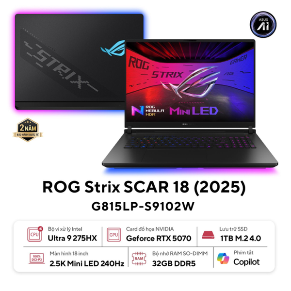  Laptop Asus ROG Strix G18 G815LP-S9102W Ultra 9 275HX| 32GB| 1TB| RTX5070 8GB| 18