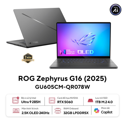  Laptop Asus ROG Zephyrus G16 GU605CM-QR078W Ultra 9 285H| 32GB| 1TB| RTX5060 8GB| 16