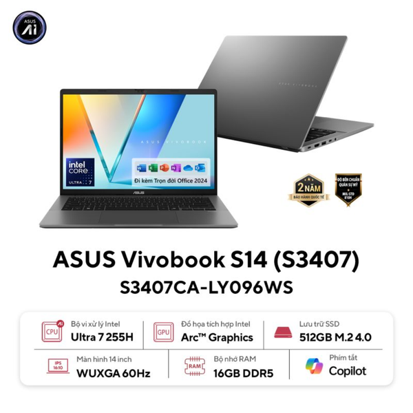  Laptop Asus Vivobook S14 S3407CA-LY096WS Ultra 7 255H| 16GB| 512GB| OB| 14