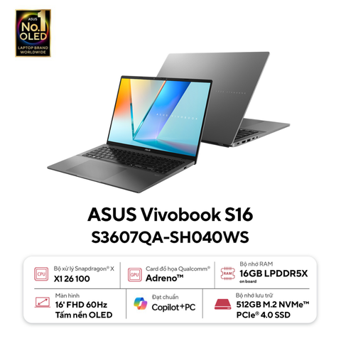  Laptop Asus Vivobook S16 S3607QA-SH040WS Snapdragon X X1 26 100| 16GB| 512GB| OB| 16