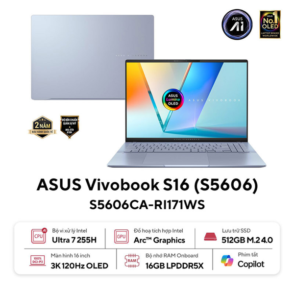  Laptop Asus Vivobook S16 S5606CA-RI171WS Ultra 7 Processor 225H| 16GB| 512GB| OB| 16