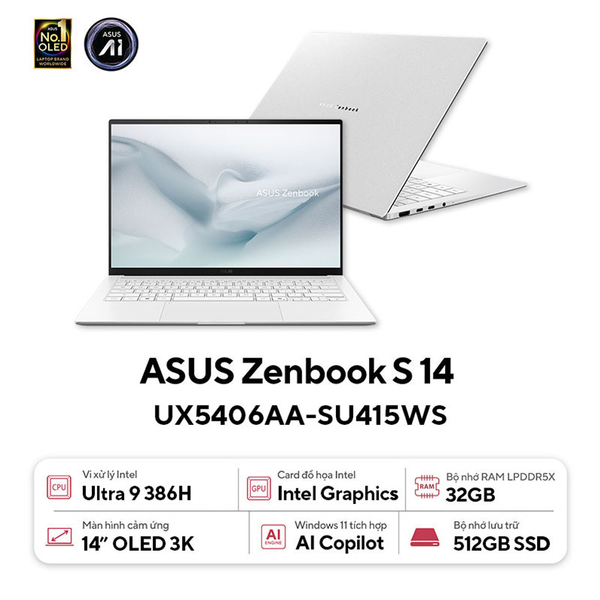  Laptop ASUS Zenbook S 14 UX5406AA-SU415WS Ultra 9 386H| 32GB| 512GB| OB| 14