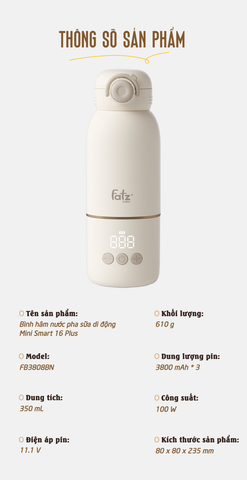 Bình đun và hâm nước pha sữa di động Fatzbaby Mini Smart 16 Plus FB3808BN