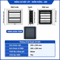 Miệng gió 1 lớp +OBD Kích thước mặt: 250x250mm; kích thước cổ: 200x200