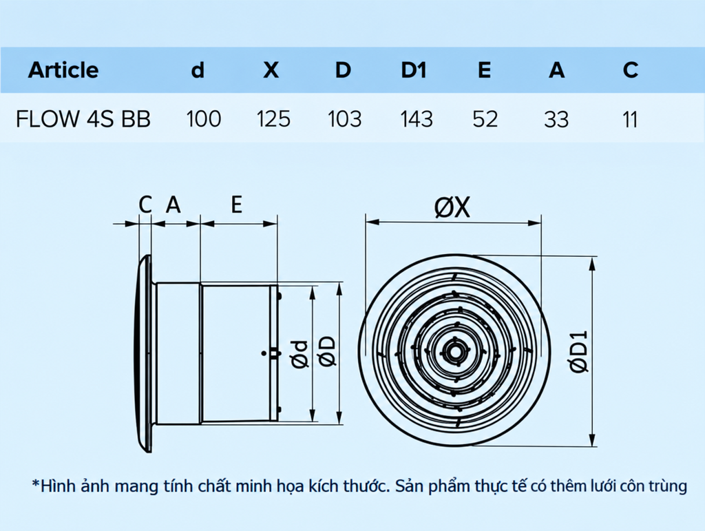 Quạt thông gió gắn tường, trần + lưới côn trùng - D100 - FLOW 4S BB