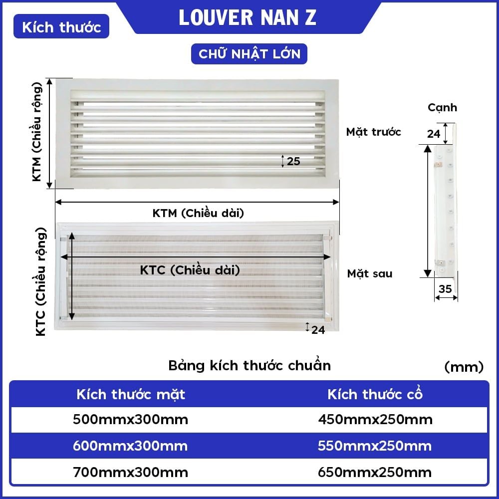 Cửa gió nan Z Louver nhôm chữ nhật lớn 500x300/ 600x300/ 700x300 - Chớp ô thoáng chớp chống hắt mưa ,kèm lưới chắn côn trùng
