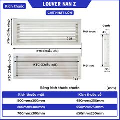 Cửa gió nan Z Louver nhôm chữ nhật lớn 500x300/ 600x300/ 700x300 - Chớp ô thoáng chớp chống hắt mưa ,kèm lưới chắn côn trùng