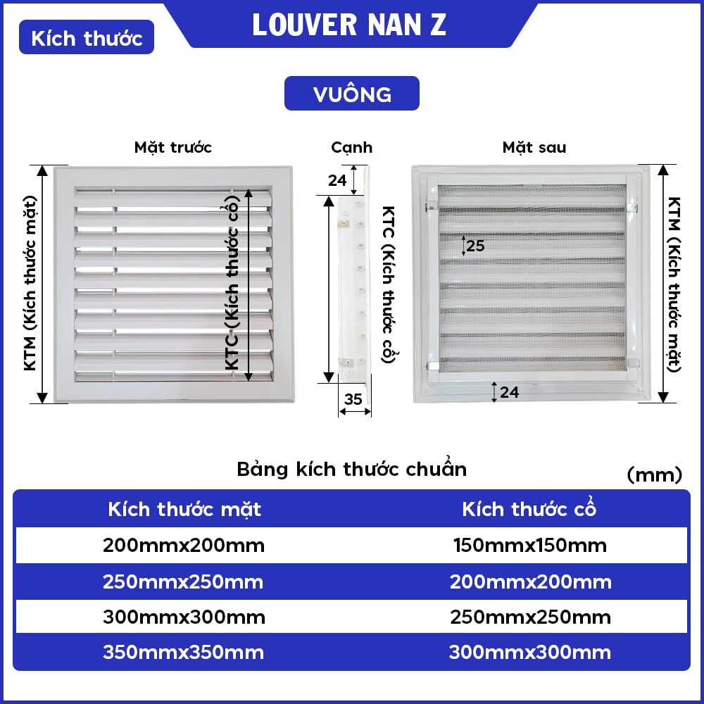 Cửa gió nan Z Louver nhôm vuông 200x200/250x250/300x30/350x350-Chớp ô thoáng chớp chống hắt mưa ,kèm lưới chắn côn trùng