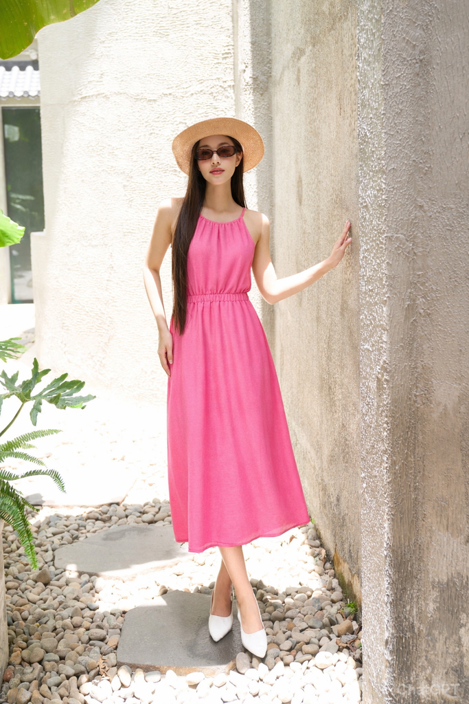 Đầm Nữ Cổ Yếm Không Tay Thun Ngang Eo Màu Hồng Ninomaxx 2502008