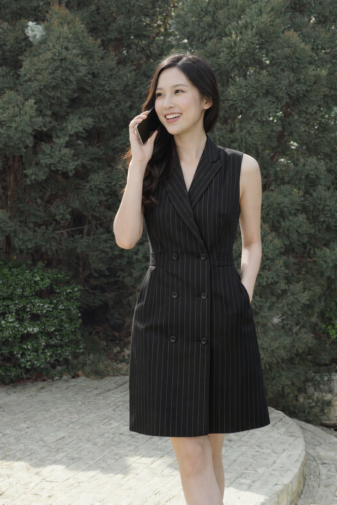 Đầm Nữ Dạng Cổ Vest Có Thun Ngang Eo Màu Đen Ninomaxx 2505026