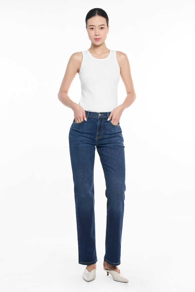 Quần Jean Nữ Ninomaxx Form Straight Xanh Dương SOFTMOTION HYBRID DENIM Chất Vải Mềm Rũ Co Giãn Nhẹ 2510030