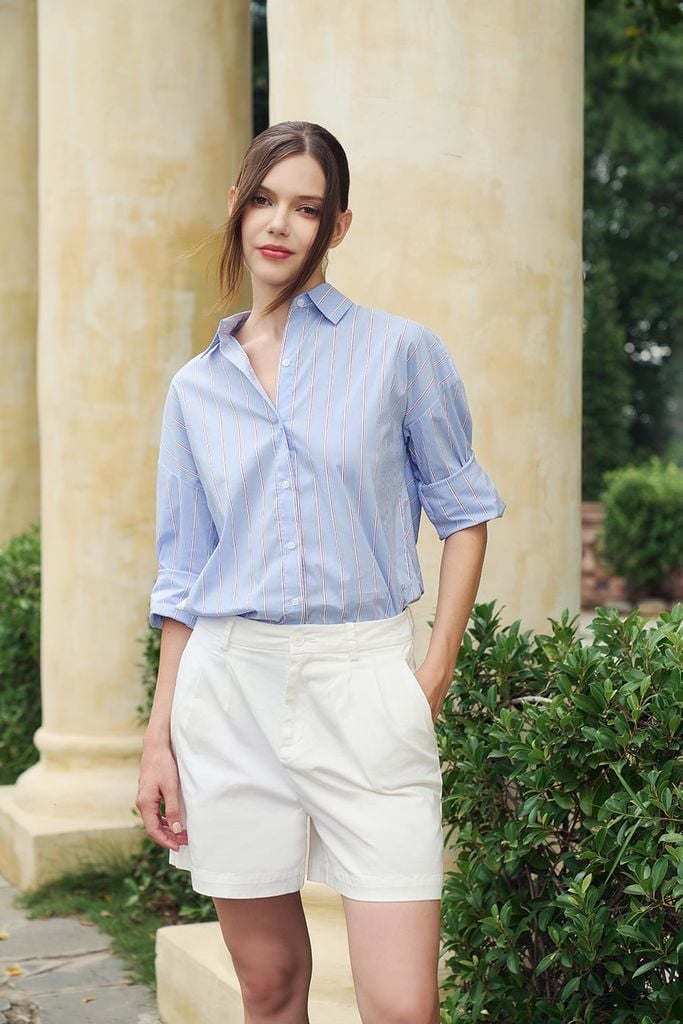 [Size S M] Áo Sơ Mi Nữ Elegant Basic Xanh Biển Ninomaxx 2504006