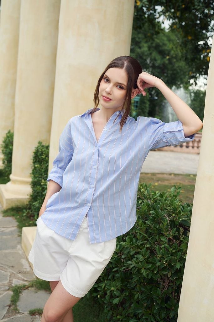 [Size S M] Áo Sơ Mi Nữ Elegant Basic Xanh Biển Ninomaxx 2504006