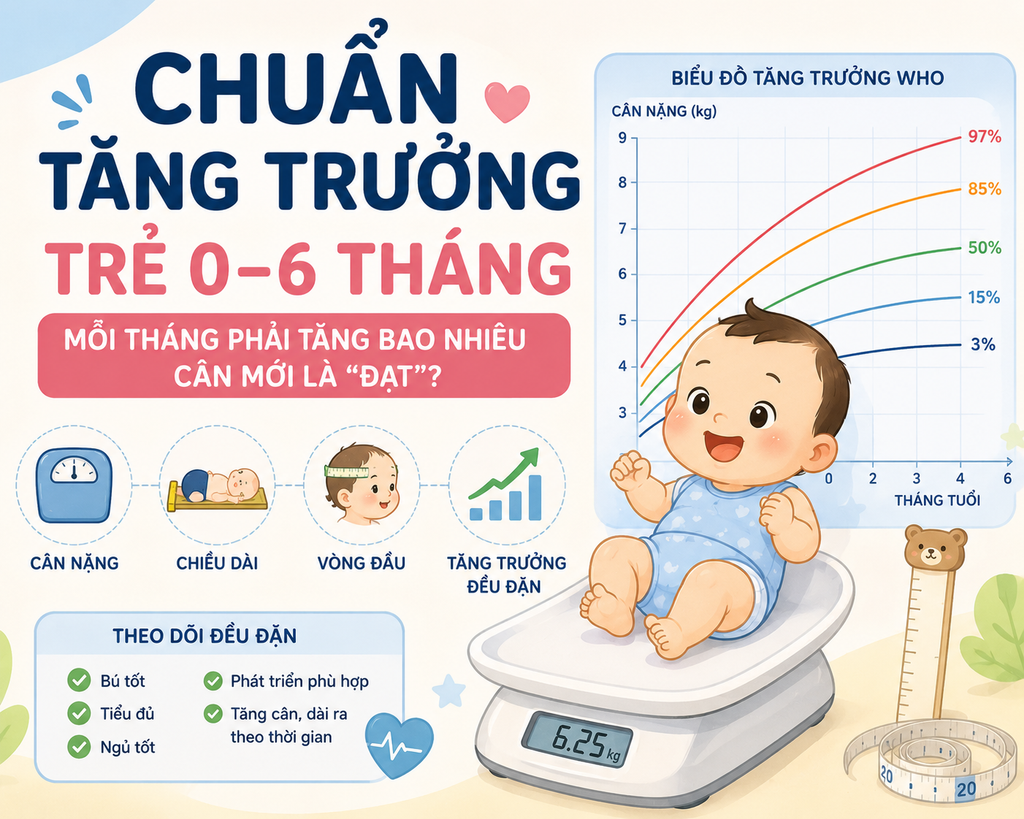 CHUẨN TĂNG TRƯỞNG TRẺ 0–6 THÁNG: MỖI THÁNG PHẢI TĂNG BAO NHIÊU CÂN MỚI LÀ “ĐẠT”?