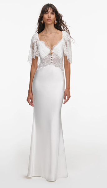 White Fine Lace Satin Maxi Dress