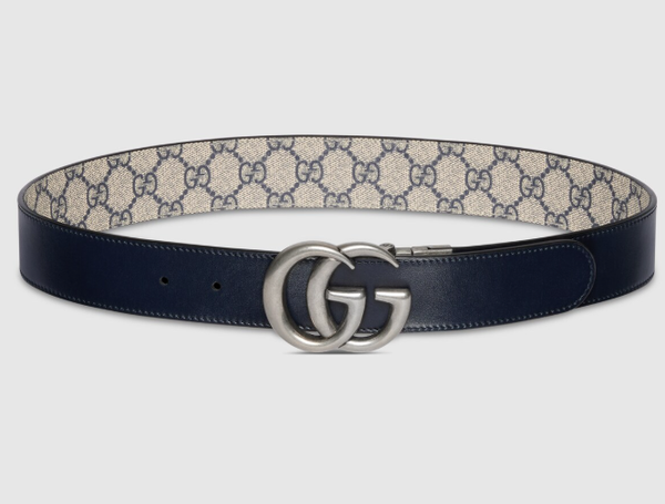 GG Marmont Reversible Belt in beige and blue GG Supreme
