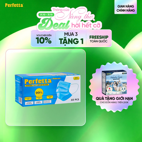 Khẩu Trang Y Tế Perfetta Moderate 3 Lớp, Dễ Thở, Mềm Mại, Êm Tai (50 Cái/Hộp)