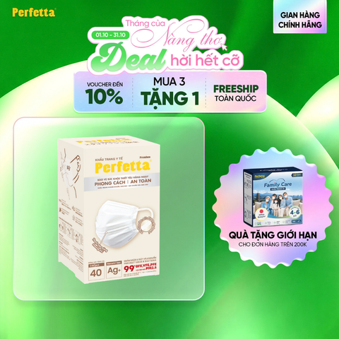 Khẩu trang y tế cao cấp Perfetta Premium Ag+ 3 lớp, kháng khuẩn nano bạc, 2 thanh nẹp thông thoáng (40 cái/hộp)