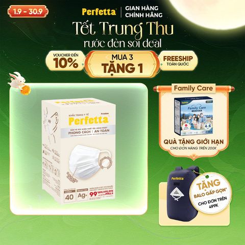 Khẩu trang y tế cao cấp Perfetta Premium Ag+ 3 lớp, kháng khuẩn nano bạc, 2 thanh nẹp thông thoáng (40 cái/hộp)