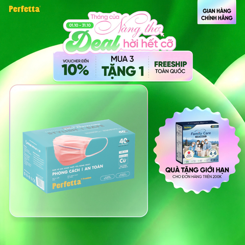 Khẩu trang y tế cao cấp Perfetta Premium Cu+ 3 lớp, kháng khuẩn nano đồng, 2 thanh nẹp thông thoáng (40 cái/hộp)
