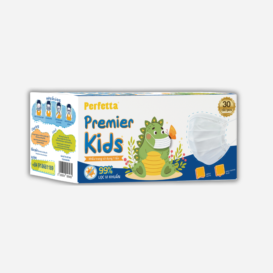 Khẩu Trang Y Tế Trẻ Em Perfetta Premier Kids 3 Lớp, Mềm Mại, Dễ Thở, Êm Tai, Kháng Khuẩn (30 Cái/Hộp)