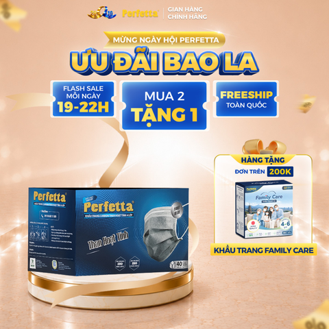 Khẩu trang y tế than hoạt tính Perfetta Carbon 4 lớp , ngăn khói bụi, vi khuẩn, khử mùi, êm tai (40 Cái/Hộp)