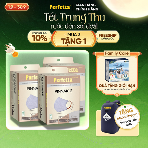 [Mua 3 Tặng 1] Combo 3 Hộp Khẩu trang cao cấp 3D Perfetta Pinnakle mềm mại, quai đeo thun bông êm tai, ôm vừa vặn (30 cái/hộp)