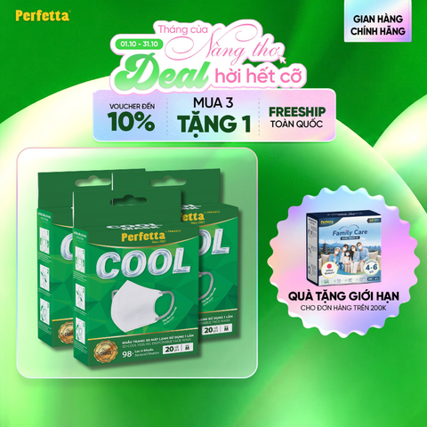 [Mua 3 Tặng 1] Combo 3 Hộp Khẩu Trang Cao Cấp Perfetta Pinnakle Cool Mask Mát Lạnh, Thoáng Mát, Ôm Vừa Vặn, Êm Tai (20 Cái/Hộp)