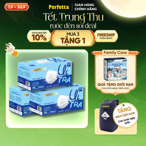 [Mua 3 Tặng 1] Combo 3 Khẩu Trang Y Tế Cao Cấp Perfetta Ultra Xuất Khẩu 4 Lớp, Ngăn Ngừa Bụi Mịn PM 2.5, Chống Trượt Nước, Êm Tai (50 Cái/Hộp)