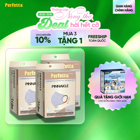 [Mua 3 Tặng 1] Combo 3 Hộp Khẩu trang cao cấp 3D Perfetta Pinnakle mềm mại, quai đeo thun bông êm tai, ôm vừa vặn (30 cái/hộp)