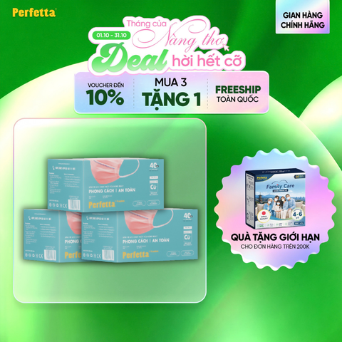 [Mua 3 Tặng 1] Combo 3 Khẩu Trang Y Tế Cao Cấp Perfetta Premium Cu+ 3 lớp, Kháng Khuẩn Nano Đồng, 2 Thanh Nẹp Thông Thoáng (40 cái/hộp)