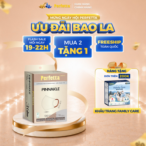 Khẩu trang cao cấp 3D Perfetta Pinnakle mềm mại, quai đeo thun bông êm tai, ôm vừa vặn (30 cái/hộp)
