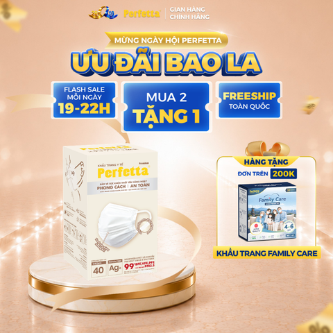 Khẩu trang y tế cao cấp Perfetta Premium Ag+ 3 lớp, kháng khuẩn nano bạc, 2 thanh nẹp thông thoáng (40 cái/hộp)