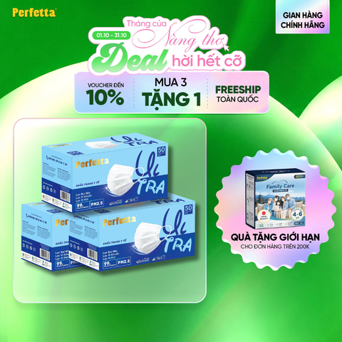 [Mua 3 Tặng 1] Combo 3 Khẩu Trang Y Tế Cao Cấp Perfetta Ultra Xuất Khẩu 4 Lớp, Ngăn Ngừa Bụi Mịn PM 2.5, Chống Trượt Nước, Êm Tai (50 Cái/Hộp)