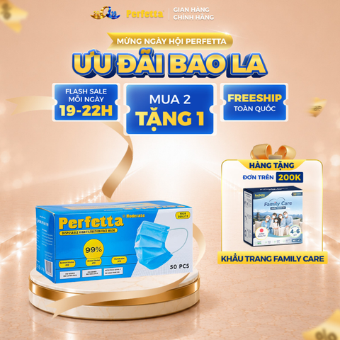 Khẩu Trang Y Tế Perfetta Moderate 3 Lớp, Dễ Thở, Mềm Mại, Êm Tai (50 Cái/Hộp)