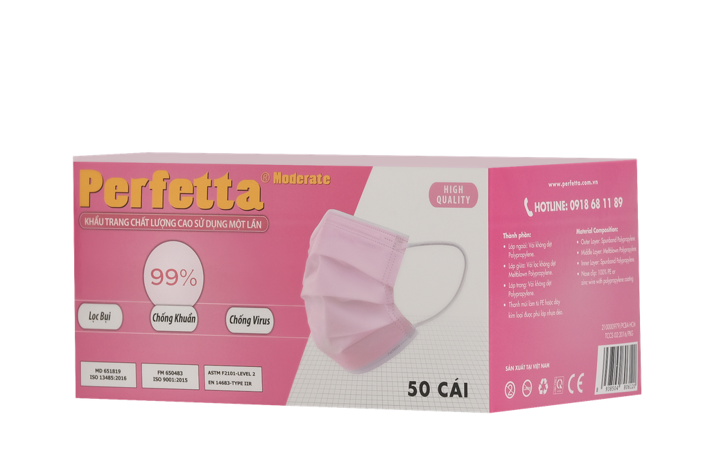 Khẩu Trang Y Tế Perfetta Moderate Hồng 3 Lớp, Dễ Thở, Mềm Mại, Êm Tai (50 Cái/Hộp)