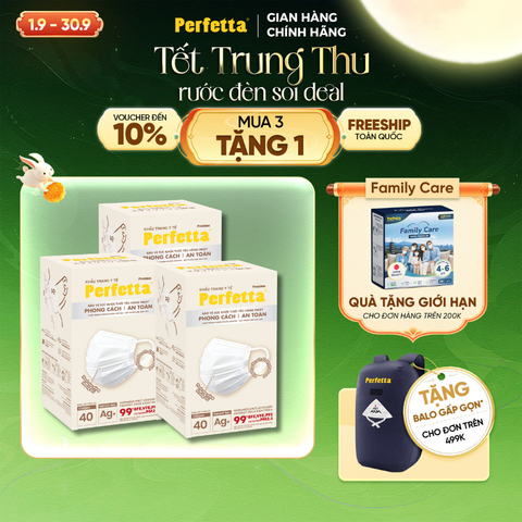 [Mua 3 Tặng 1] Combo 3 Khẩu Trang Y Tế Cao Cấp Perfetta Premium Ag+ 3 Lớp, Kháng Khuẩn Nano Bạc, 2 Thanh Nẹp Thông Thoáng (40 Cái/Hộp)