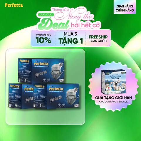 [Mua 3 Tặng 1] Combo 3 Hộp Khẩu trang y tế than hoạt tính Perfetta Carbon 4 lớp , ngăn khói bụi, vi khuẩn, khử mùi, êm tai (40 Cái/Hộp)