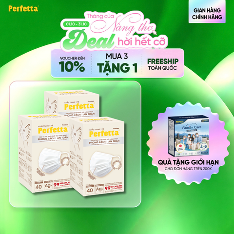 [Mua 3 Tặng 1] Combo 3 Khẩu Trang Y Tế Cao Cấp Perfetta Premium Ag+ 3 Lớp, Kháng Khuẩn Nano Bạc, 2 Thanh Nẹp Thông Thoáng (40 Cái/Hộp)