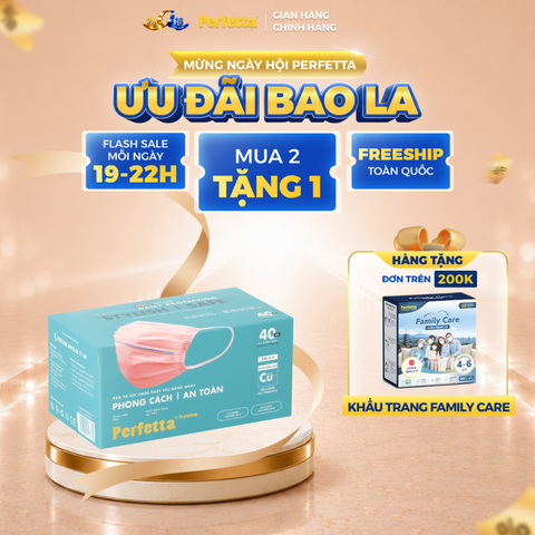 Khẩu trang y tế cao cấp Perfetta Premium Cu+ 3 lớp, kháng khuẩn nano đồng, 2 thanh nẹp thông thoáng (40 cái/hộp)