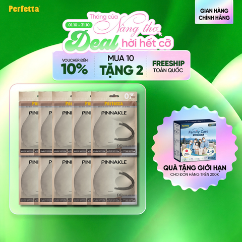 [Mua 10 Tặng 2] Combo 10 Gói Khẩu Trang Cao Cấp 3D Perfetta Pinnakle Size M Mềm Mại, Quai Đeo Thun Bông Êm Tai, Ôm Vừa Vặn (7 Cái/Gói)