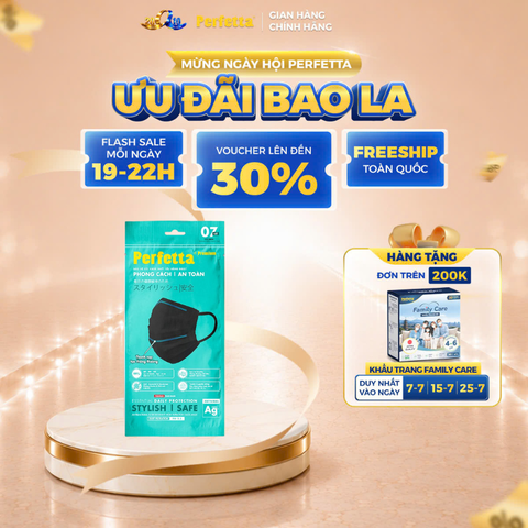 Gói khẩu trang y tế cao cấp Perfetta Premium Ag+ 3 lớp, kháng khuẩn nano bạc, 2 thanh nẹp thông thoáng (7 cái/gói)