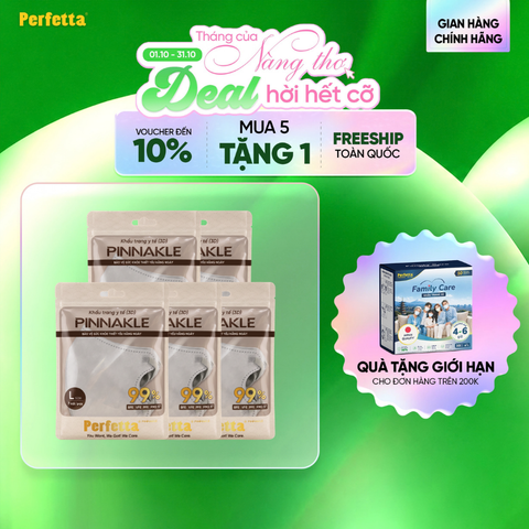 [Mua 5 Tặng 1] Combo 5 Gói Khẩu Trang Cao Cấp 3D Perfetta Pinnakle Size L Mềm Mại, Quai Đeo Thun Bông Êm Tai, Ôm Vừa Vặn (7 Cái/Gói)