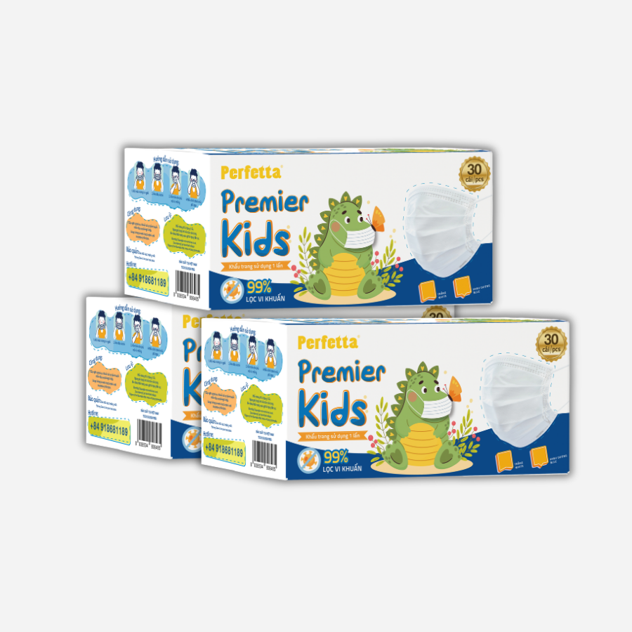[Mua 3 Tặng 3] Combo 3 Hộp Khẩu Trang Y Tế Trẻ Em Perfetta Premier Kids 3 Lớp, Mềm Mại, Dễ Thở, Êm Tai, Kháng Khuẩn (30 Cái/Hộp)