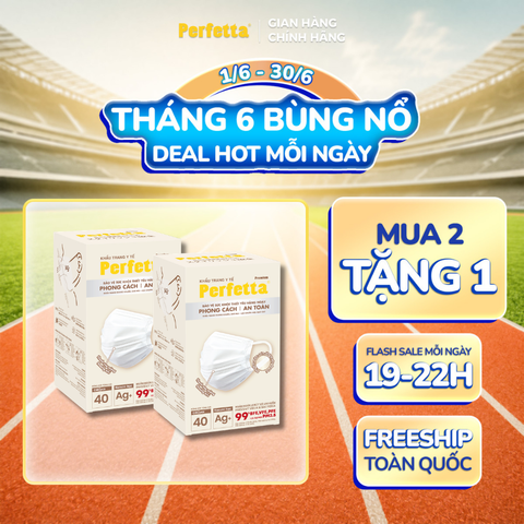 [Mua 2 Tặng 1] Combo 2 Khẩu Trang Y Tế Cao Cấp Perfetta Premium Ag+ 3 Lớp, Kháng Khuẩn Nano Bạc, 2 Thanh Nẹp Thông Thoáng (40 Cái/Hộp)
