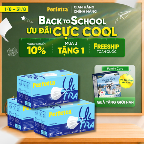 [Mua 3 Tặng 1] Combo 3 Khẩu Trang Y Tế Cao Cấp Perfetta Ultra 4 Lớp, Ngăn Ngừa Bụi Mịn PM 2.5, Chống Trượt Nước, Êm Tai (35 Cái/Hộp)