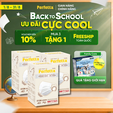 [Mua 3 Tặng 1] Combo 3 Khẩu Trang Y Tế Cao Cấp Perfetta Premium Ag+ 3 Lớp, Kháng Khuẩn Nano Bạc, 2 Thanh Nẹp Thông Thoáng (40 Cái/Hộp)
